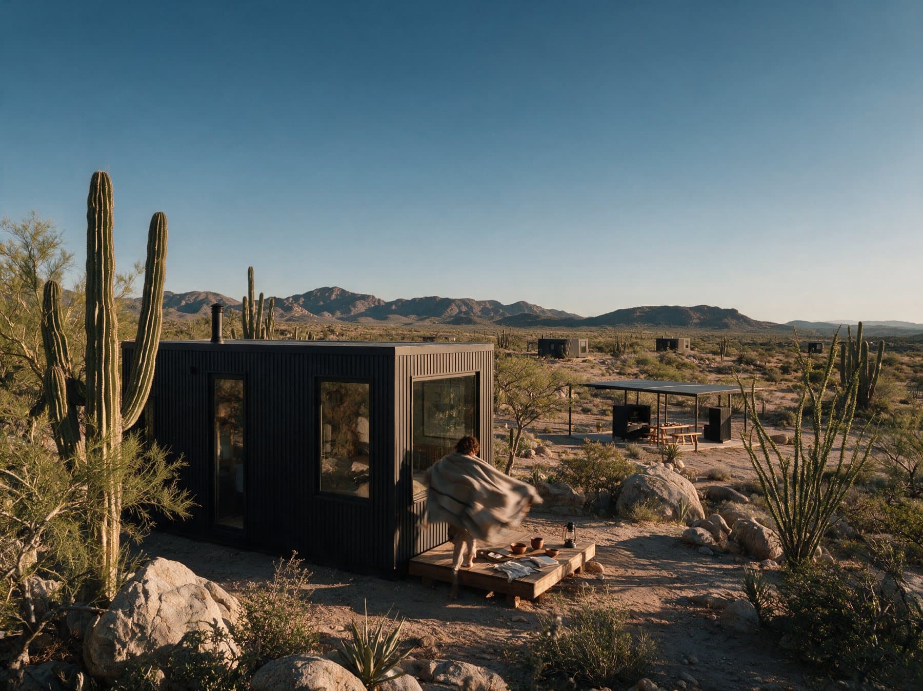 Una cabaña de Navana en el desierto, entre cactus